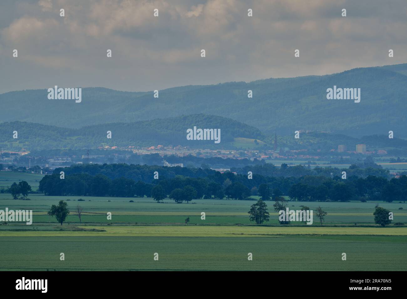 Plusieurs nuances de vert sous le ciel orageux dans le paysage rural de juin montagnes Owl Basse Silésie Pologne Banque D'Images