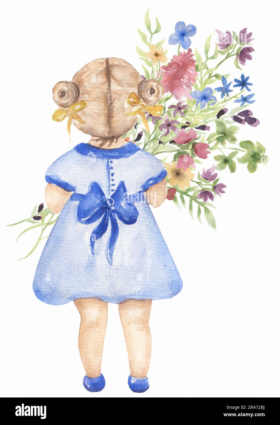 Aquarelle petite fille avec fleurs. Illustration pour enfants. Bébé fille en robe bleue. Grand bouquet de fleurs sauvages. Clipart de fille d'école Banque D'Images