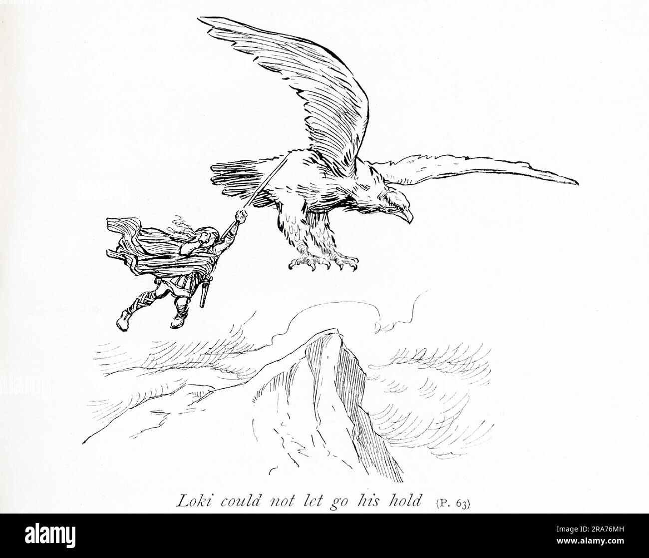 La légende du début de 1900s se lit comme suit : Loki ne pouvait pas lâcher la main de l'aigle. Loki est la personnification/déité de la méfait. Il a assassiné Baldr, le dieu de la joie et de la paix, et a été puni en étant lié à trois plaques de pierre avec les entrailles de son fils Narfi. Banque D'Images