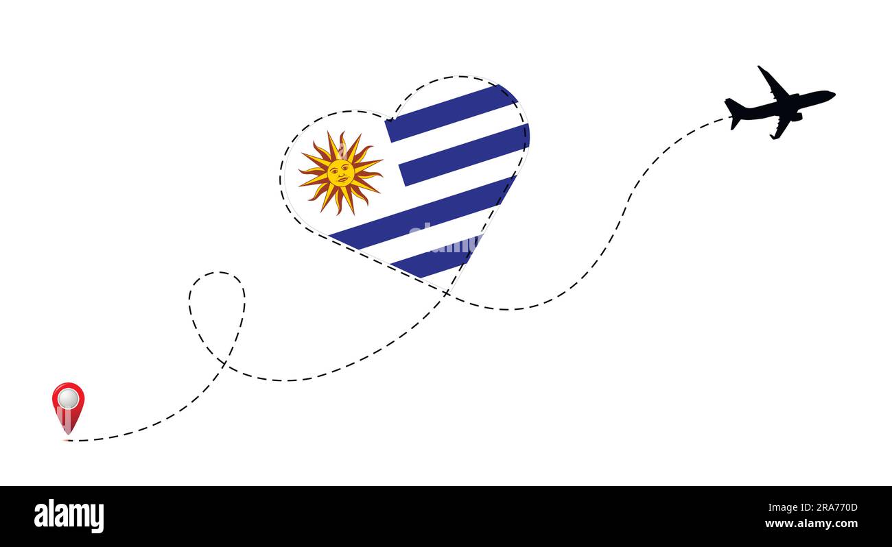 Vol en avion avec drapeau de l'Uruguay à l'intérieur du coeur. Rendez-vous dans votre pays préféré. Illustration de Vecteur