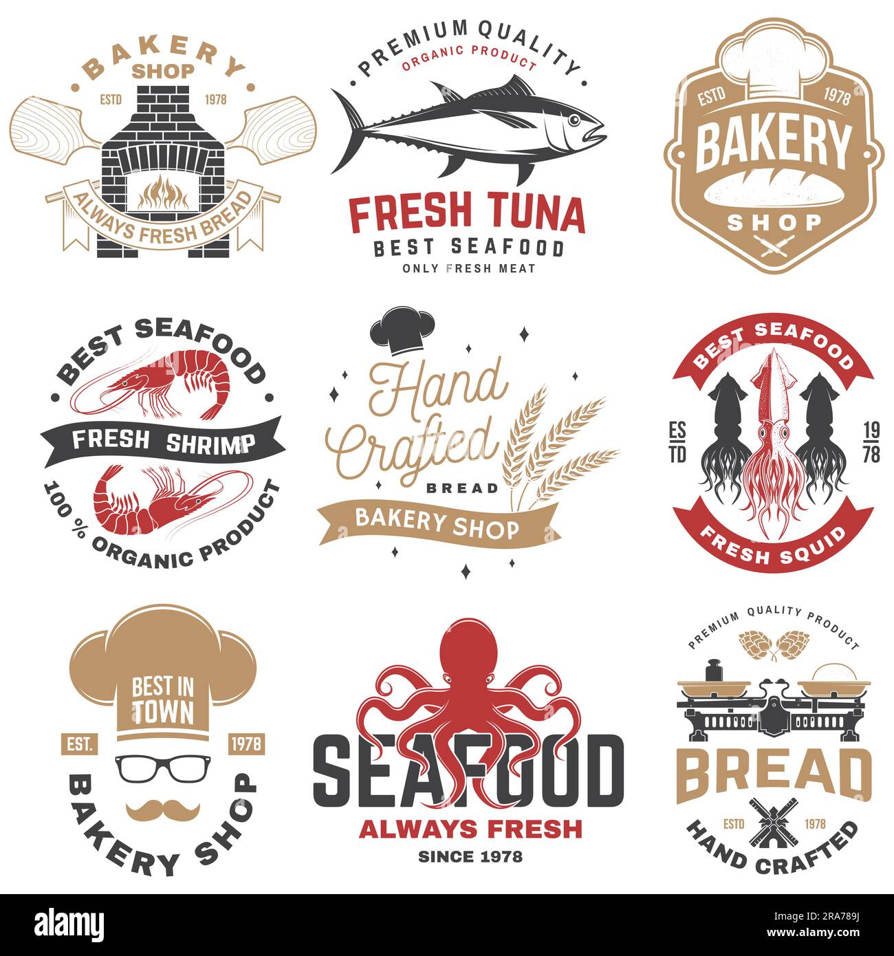 Ensemble de badges de boulangerie et de fruits de mer. Vecteur. Pour emblème, panneau, patch, chemise, menu restaurants avec rollpin, moulin à vent, épis de blé, thon, truite, crevettes Illustration de Vecteur