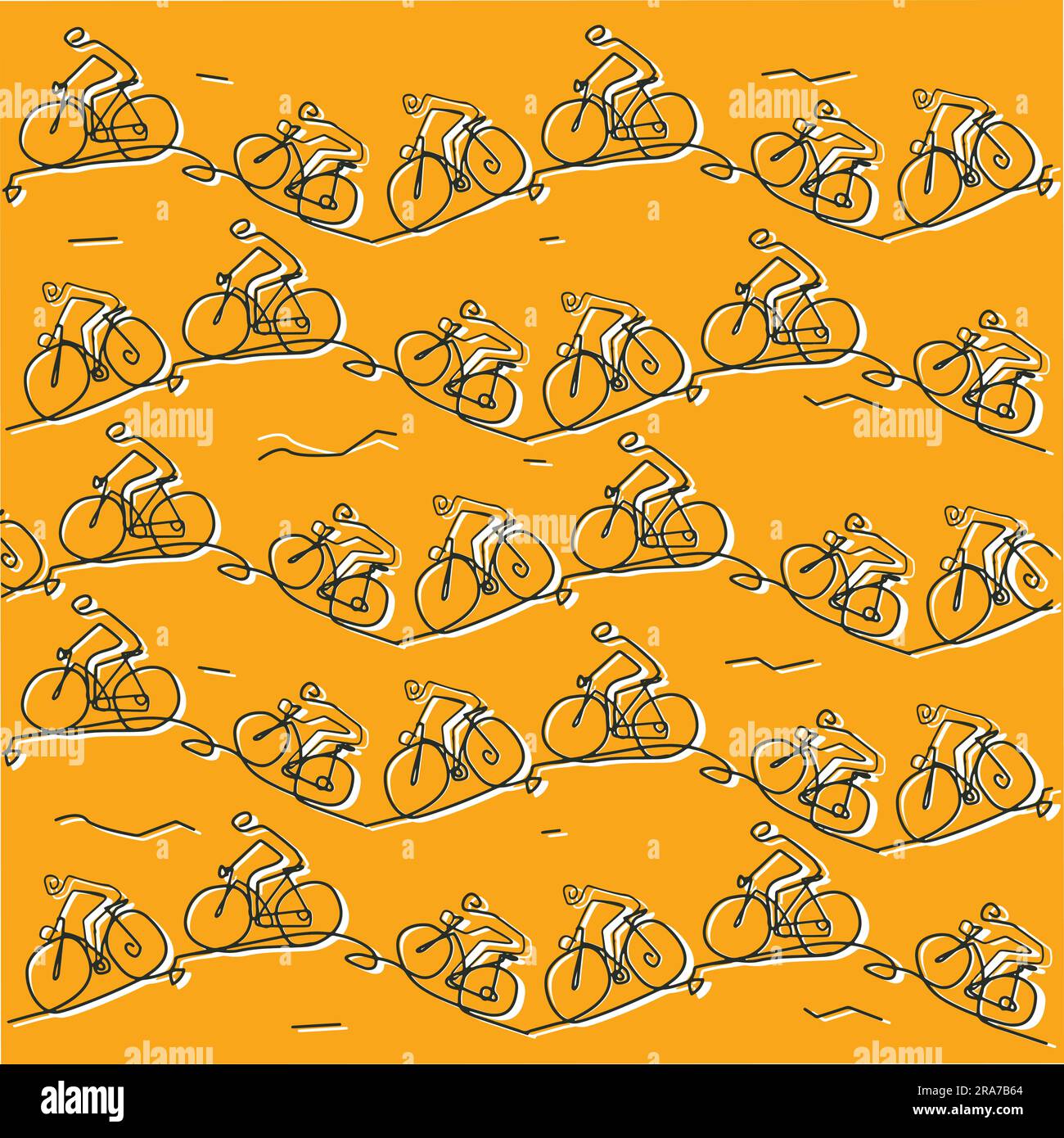Motards de montagne, art de ligne stylisé, drôle décor fond. Illustration des cyclistes de VTT qui voyagent sur un terrain vallonné, sur fond orange. Illustration de Vecteur