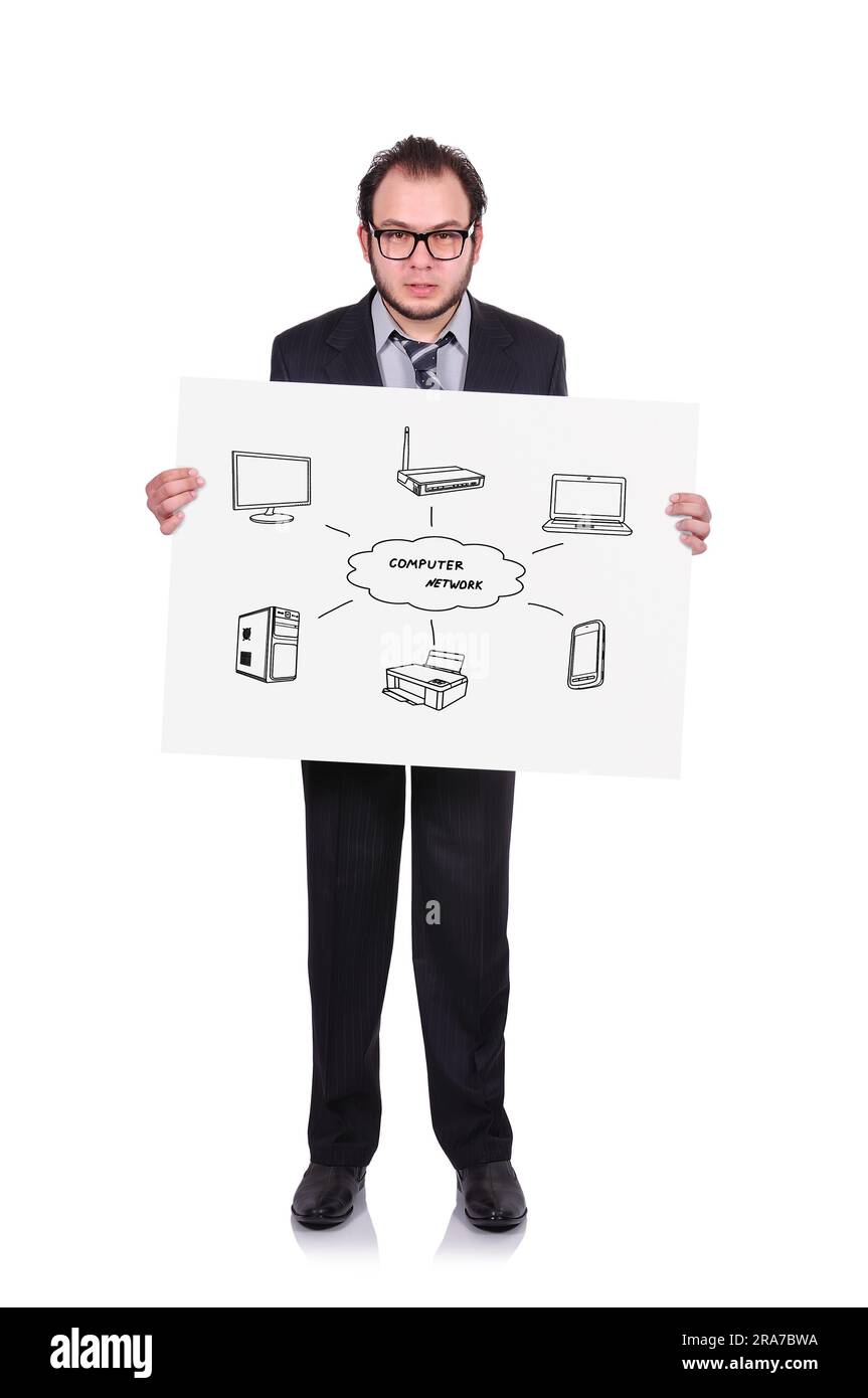 homme d'affaires tenant une affiche avec un réseau informatique de dessin Banque D'Images