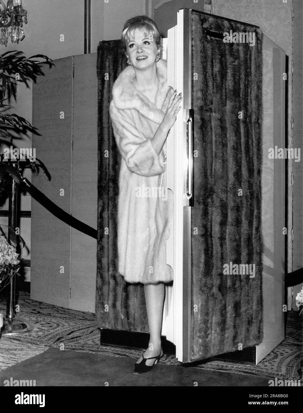 New York, New York: 14 mars 1966 pour la femme qui a tout, un mini réfrigérateur couvert offert par Amana pour $4750. Un modèle montre l'unité tout en portant un manteau de vison contrasté à 5 000 $. Banque D'Images