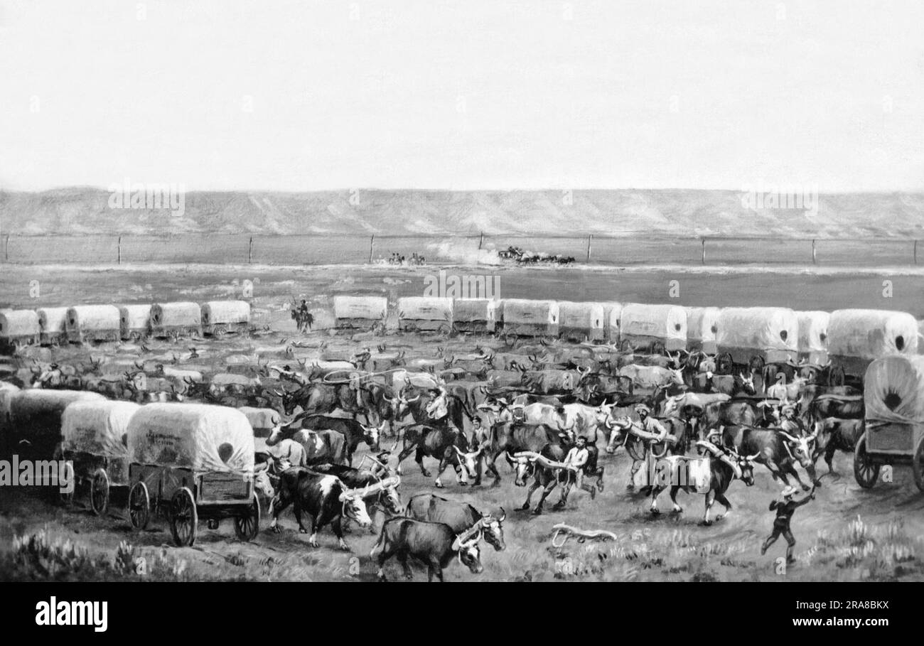 Scotts Bluff, Nebraska: c. 1875 Oxen étant yoché dans un corral de wagons couverts dans un tableau de W. H. Jackson. Banque D'Images