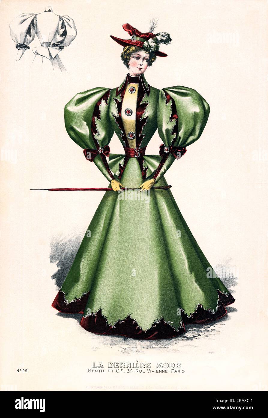 Paris, France: 1876 Une impression lithographique d'une femme à la mode faisant de la publicité 'la Derniere mode' (la dernière mode) à Gentil et Cie au 34 rue Vivienne. Banque D'Images