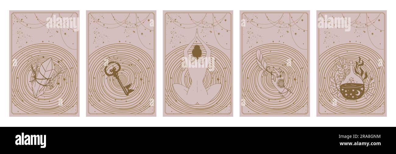 Un ensemble de cartes de tarot mystique pour les histoires. Symboles magiques d'une sorcière, d'une clé, d'une potion, d'un cristal et d'une femme méditante assise avec son dos. Collection Illustration de Vecteur