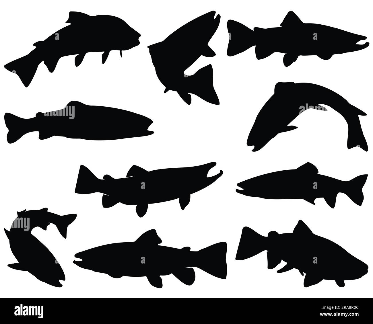 Ensemble de dessins vectoriels en silhouette de poisson-truite sur fond blanc Illustration de Vecteur