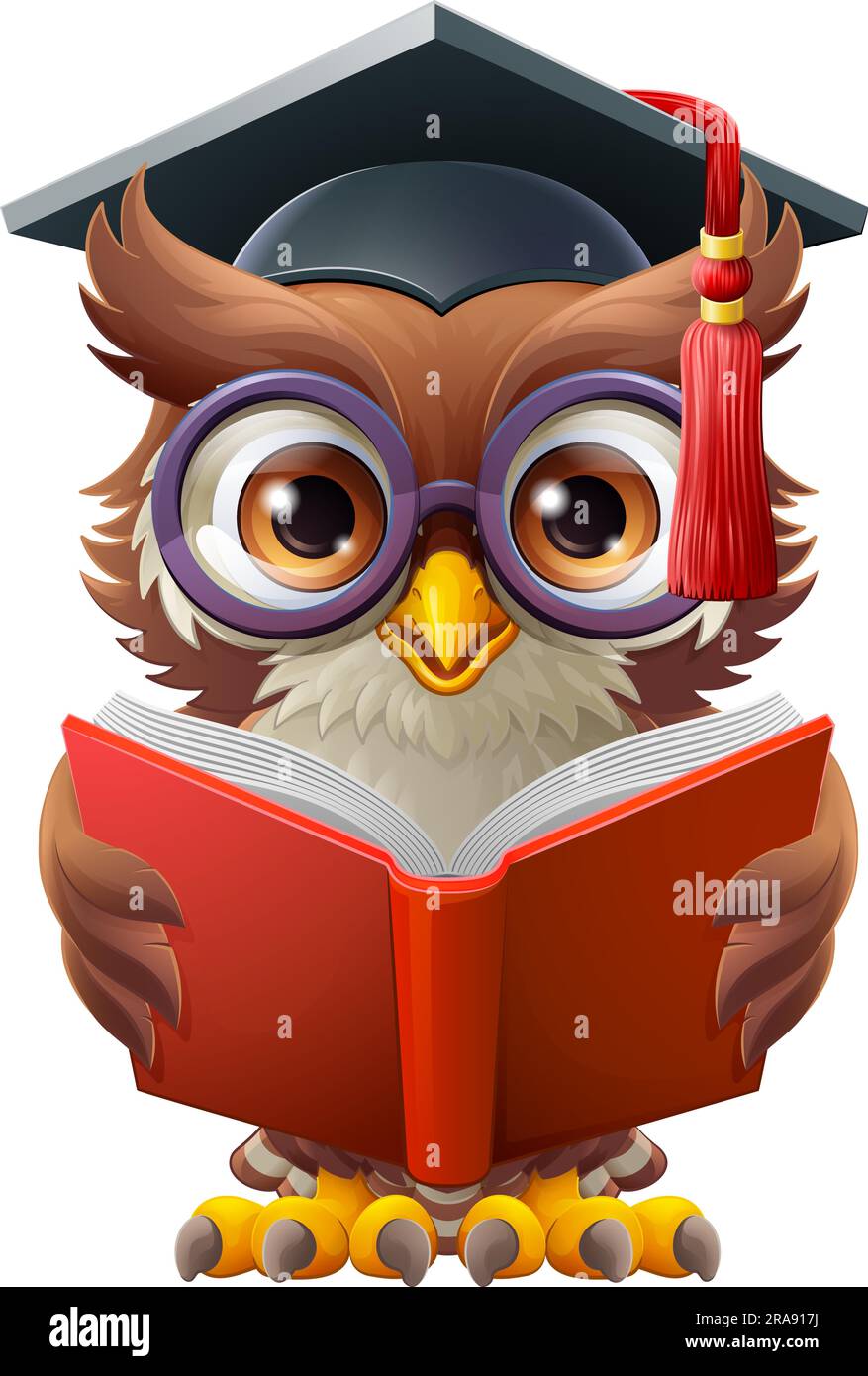 WISE Owl Cartoon Cute Professeur Reading Book Illustration de Vecteur