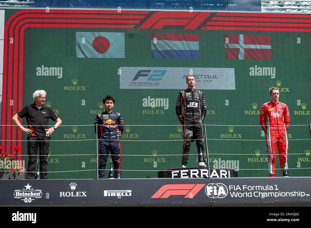 Podium: VERSCHOOR Richard (nld), Van Amersfoort Racing, Dallara F2, IWASA Ayumu (jpn), DAMS, Dallara F2, VESTI Frederik (dnk), Prema Racing, Dallara F2, lors de la manche 7th du Championnat de Formule 2 de la FIA 2023 de 30 juin à 2 juillet 2023 sur l'anneau de taureau rouge, à Spielberg, Autriche crédit: Agence de photo indépendante Srl/Alay Live News Banque D'Images