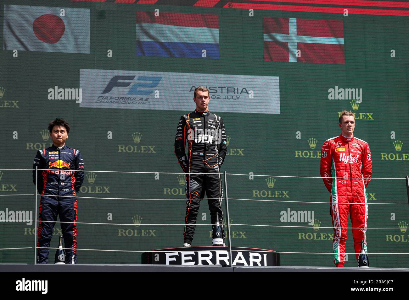 Podium: VERSCHOOR Richard (nld), Van Amersfoort Racing, Dallara F2, IWASA Ayumu (jpn), DAMS, Dallara F2, VESTI Frederik (dnk), Prema Racing, Dallara F2, lors de la manche 7th du Championnat de Formule 2 de la FIA 2023 de 30 juin à 2 juillet 2023 sur l'anneau de taureau rouge, à Spielberg, Autriche crédit: Agence de photo indépendante Srl/Alay Live News Banque D'Images