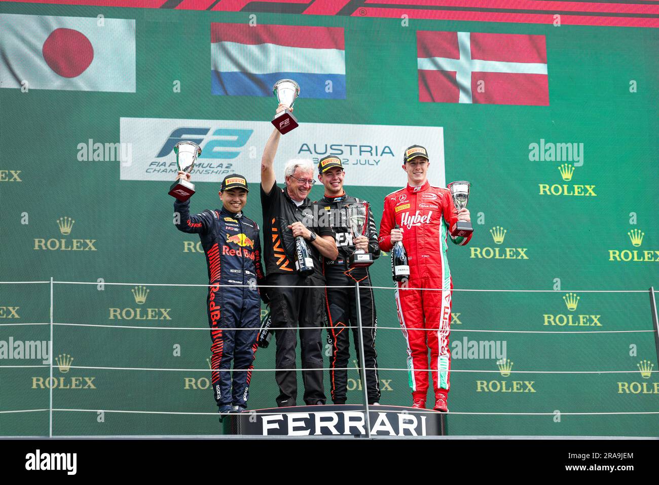 Podium: VERSCHOOR Richard (nld), Van Amersfoort Racing, Dallara F2, IWASA Ayumu (jpn), DAMS, Dallara F2, VESTI Frederik (dnk), Prema Racing, Dallara F2, lors de la manche 7th du Championnat de Formule 2 de la FIA 2023 de 30 juin à 2 juillet 2023 sur l'anneau de taureau rouge, à Spielberg, Autriche crédit: Agence de photo indépendante Srl/Alay Live News Banque D'Images