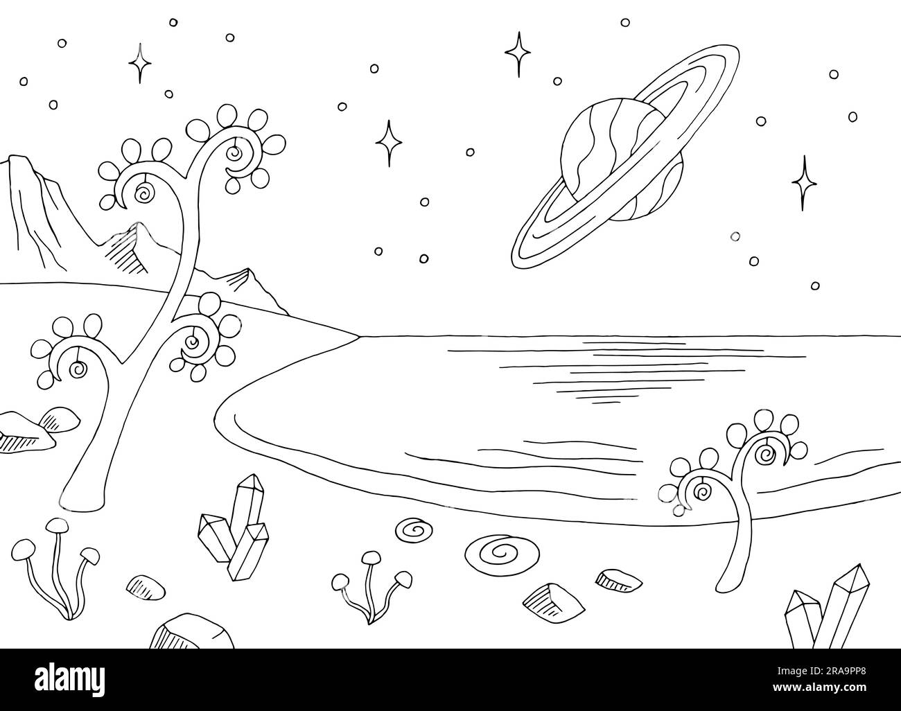 Alien planète mer côte graphique noir blanc espace paysage esquisse vecteur d'illustration Illustration de Vecteur