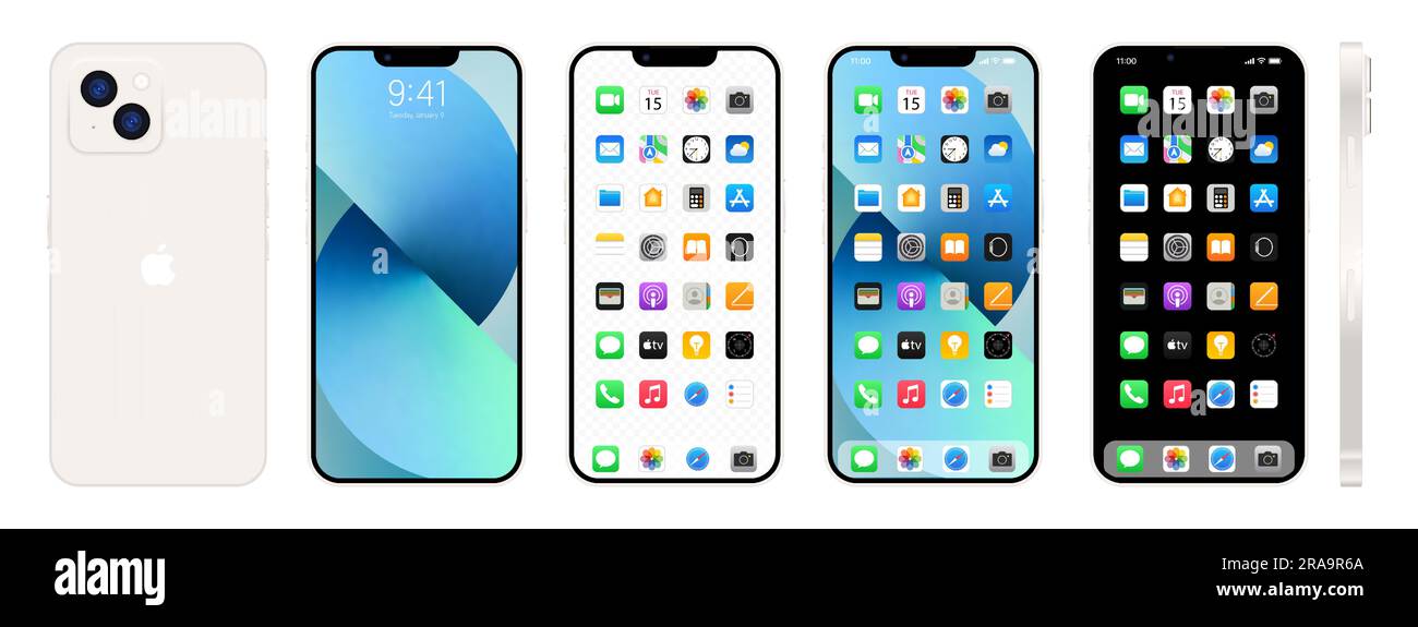 Nouvel iPhone blanc 14. Smartphone Apple inc. Avec ios 14. Écran verrouillé, page de navigation du téléphone, page d'accueil avec 47 applications populaires. Illustration vectorielle EPS1 Illustration de Vecteur