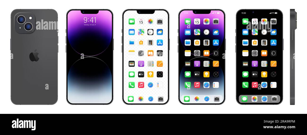 Nouvel iPhone noir 14. Smartphone Apple inc. Avec ios 14. Écran verrouillé, page de navigation du téléphone, page d'accueil avec 47 applications populaires. Illustration vectorielle EPS1 Illustration de Vecteur
