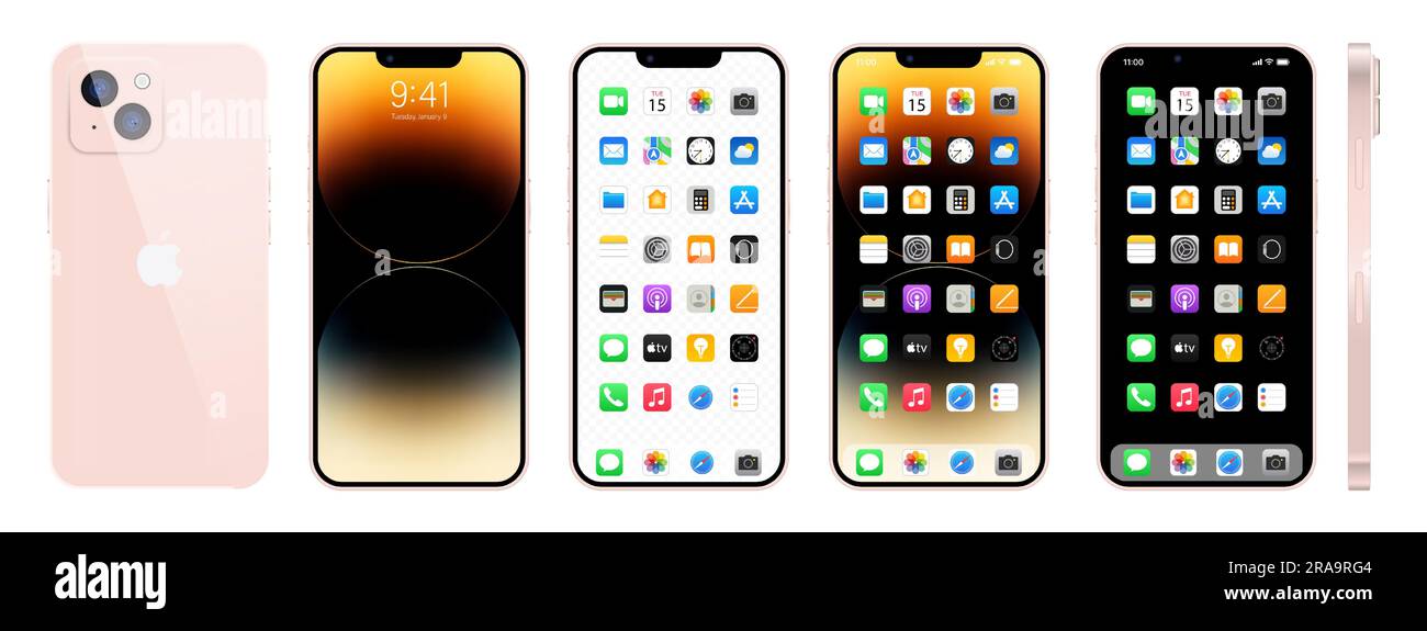 Nouvel iPhone rose 14. Smartphone Apple inc. Avec ios 14. Écran verrouillé, page de navigation du téléphone, page d'accueil avec 47 applications populaires. Illustration vectorielle EPS10 Illustration de Vecteur
