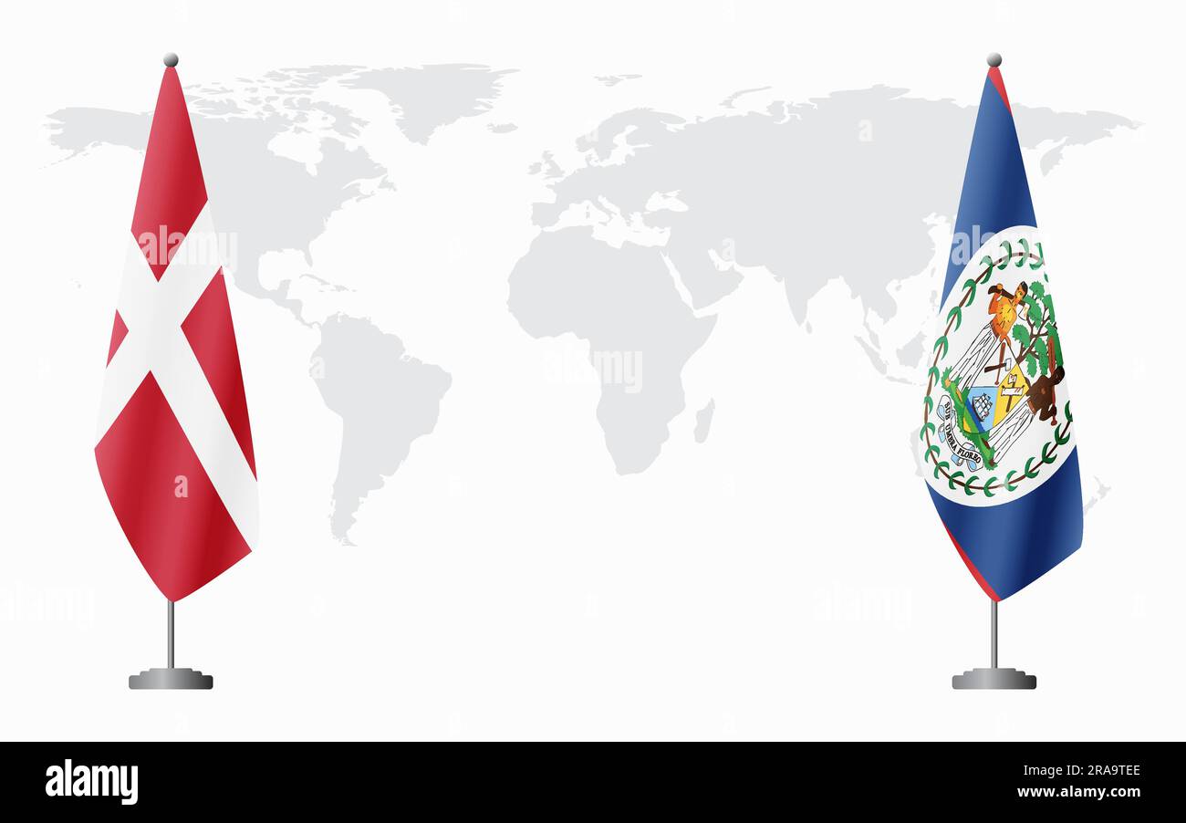 Drapeaux du Danemark et du Belize pour une réunion officielle dans le contexte de la carte du monde. Illustration de Vecteur