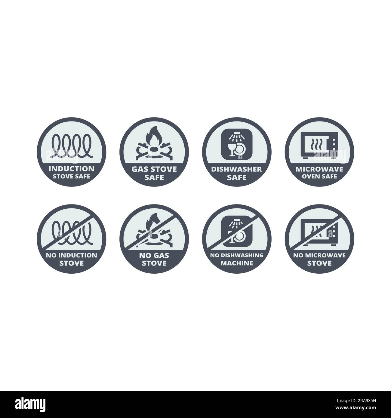 Ensemble d'étiquettes vectorielles à induction et à gaz. Jeu d'icônes résistant au lave-vaisselle et au micro-ondes. Illustration de Vecteur
