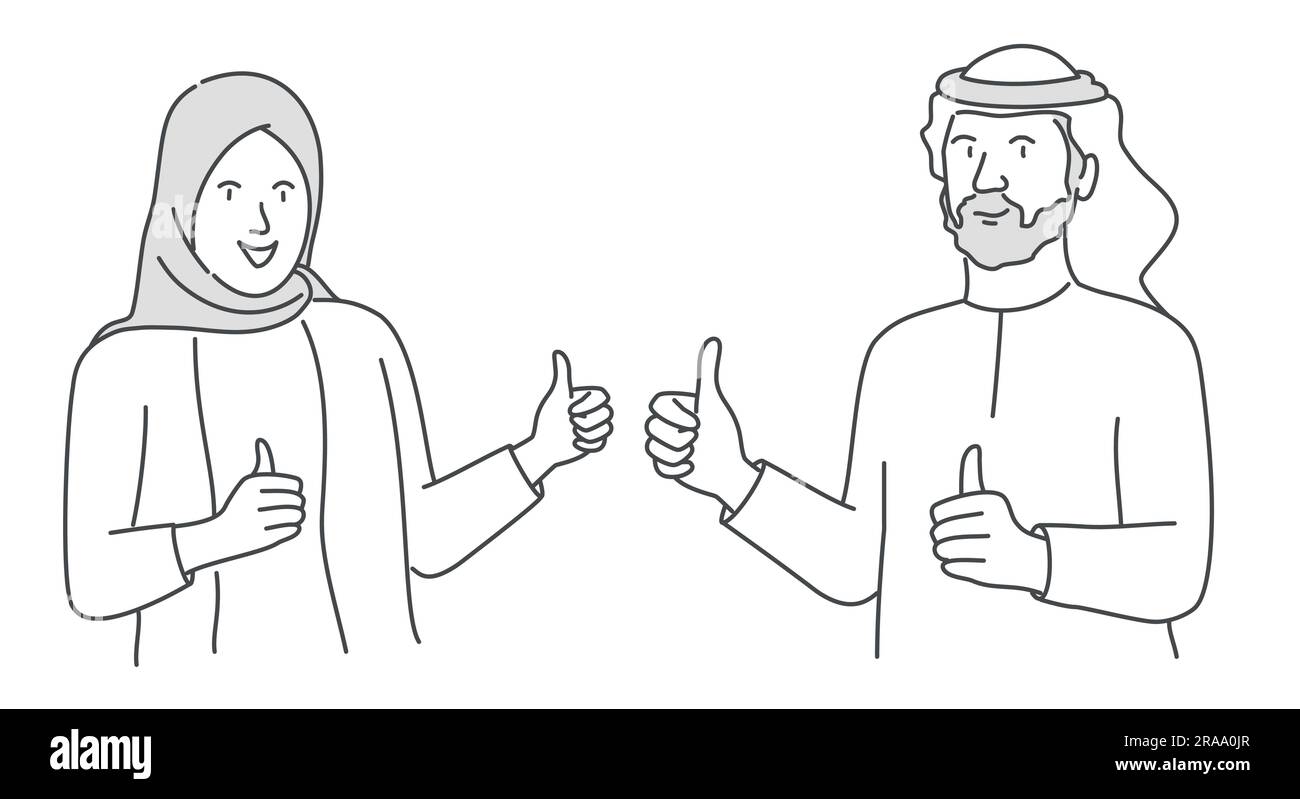 Un homme et une femme dans un foulard musulman traditionnel montrant les pouces vers le haut donnent des recommandations au service. Concept d'emploi. Illustration vectorielle dessinée à la main Illustration de Vecteur