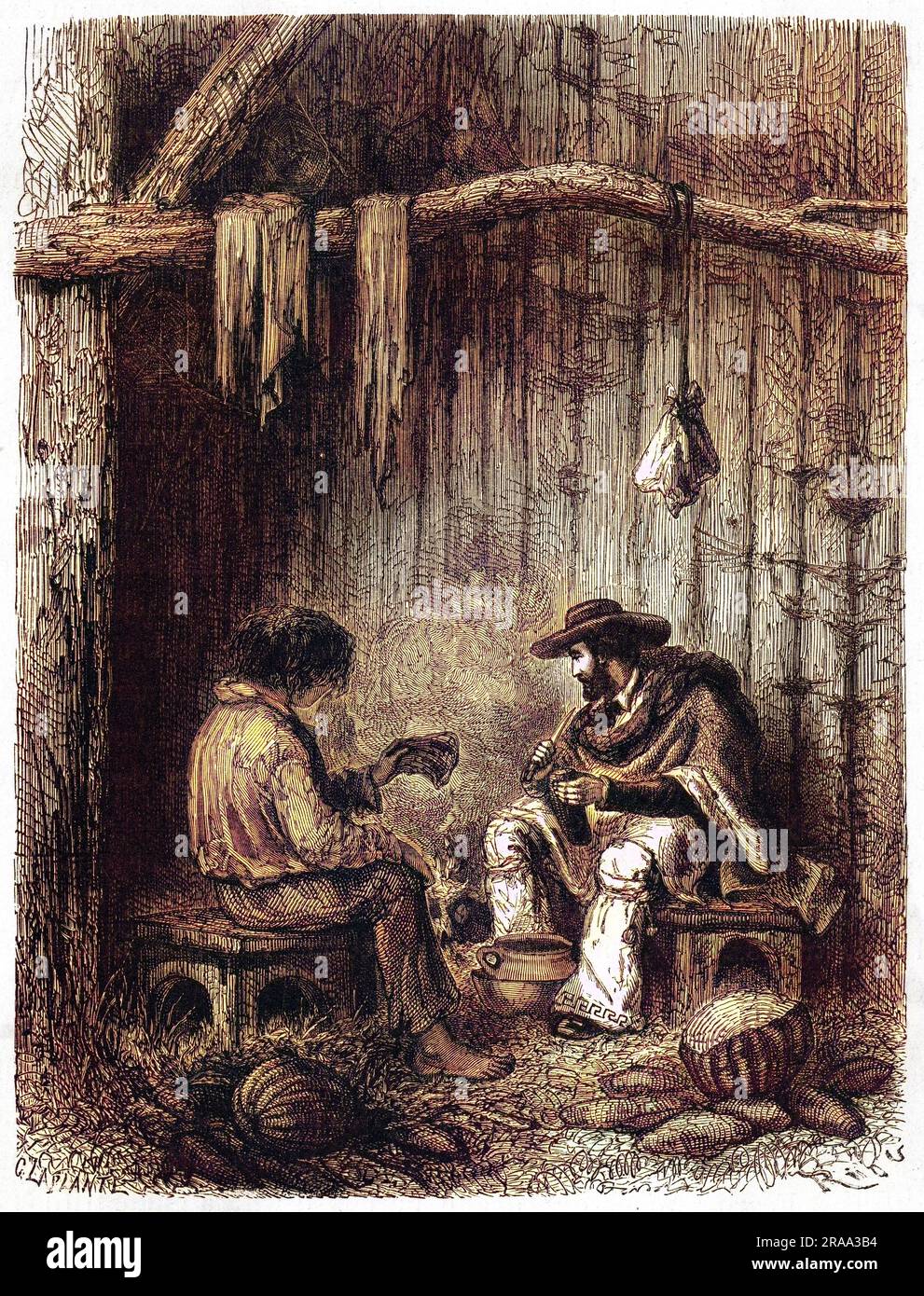 LAURENT DE SAINT-CRICQ (nom-de-plume PAUL MARCOY) voyageur français en Amérique du Sud et dans le Pacifique, a représenté la préparation d'une soupe au cours de son voyage. Date: 1840s-1860s Banque D'Images