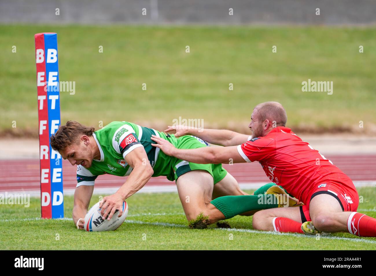 Leeds, Royaume-Uni. 2nd juillet 2023. Betfred League One: Hunslet RLFC et Doncaster RLFC. Jack Render, Hunslet RLFC marque dans le coin. Credit Paul Whitehurst/Alamy Live News Banque D'Images