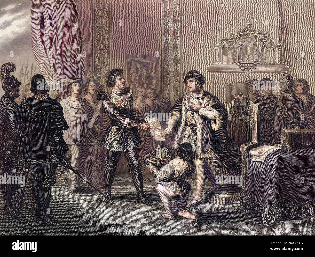 Louis XI rencontre Charles le Temeraire, duc de Bourgogne, à Péronne : chacun a l'intention de tricher l'autre, mais Charles est le plus difficile, exigeant des conditions sévères de la part du roi. Date : 14 octobre 1468 Banque D'Images