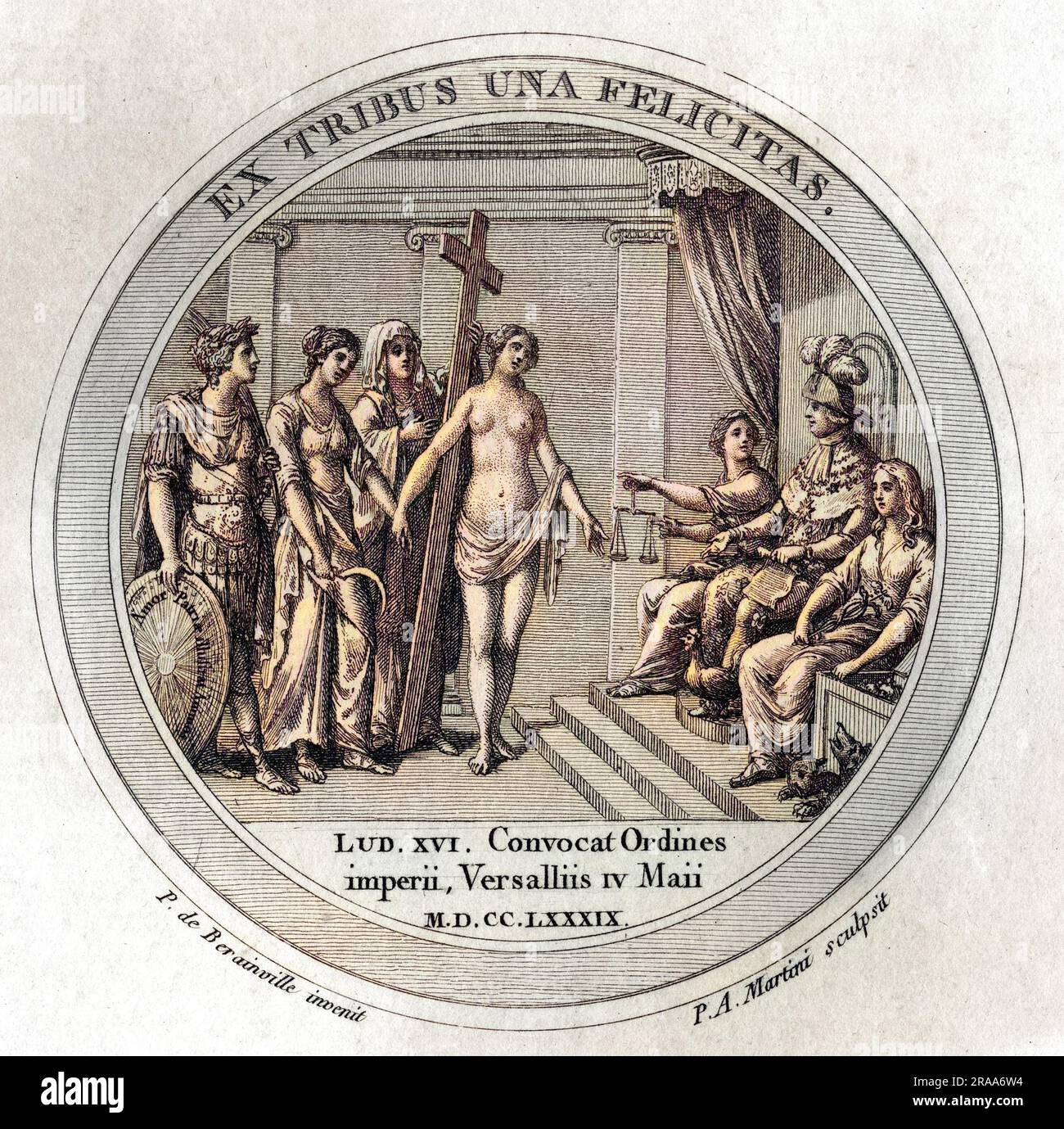 Représentation allégorique de Louis XVI faisant de son mieux pour son pays, en lui conférant justice, économie, vérité et religion : hélas, ils ne peuvent pas le sauver de la guillotine. Date : 4 mai 1789 Banque D'Images