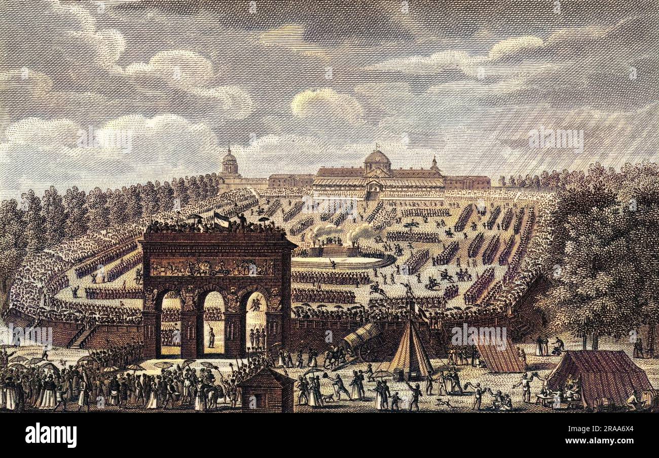 Sur le champ de Mars, les Parisiens célèbrent la Fête de la Fédération, marquant le premier anniversaire de la chute de la Bastille. Date : 14 juillet 1790 Banque D'Images