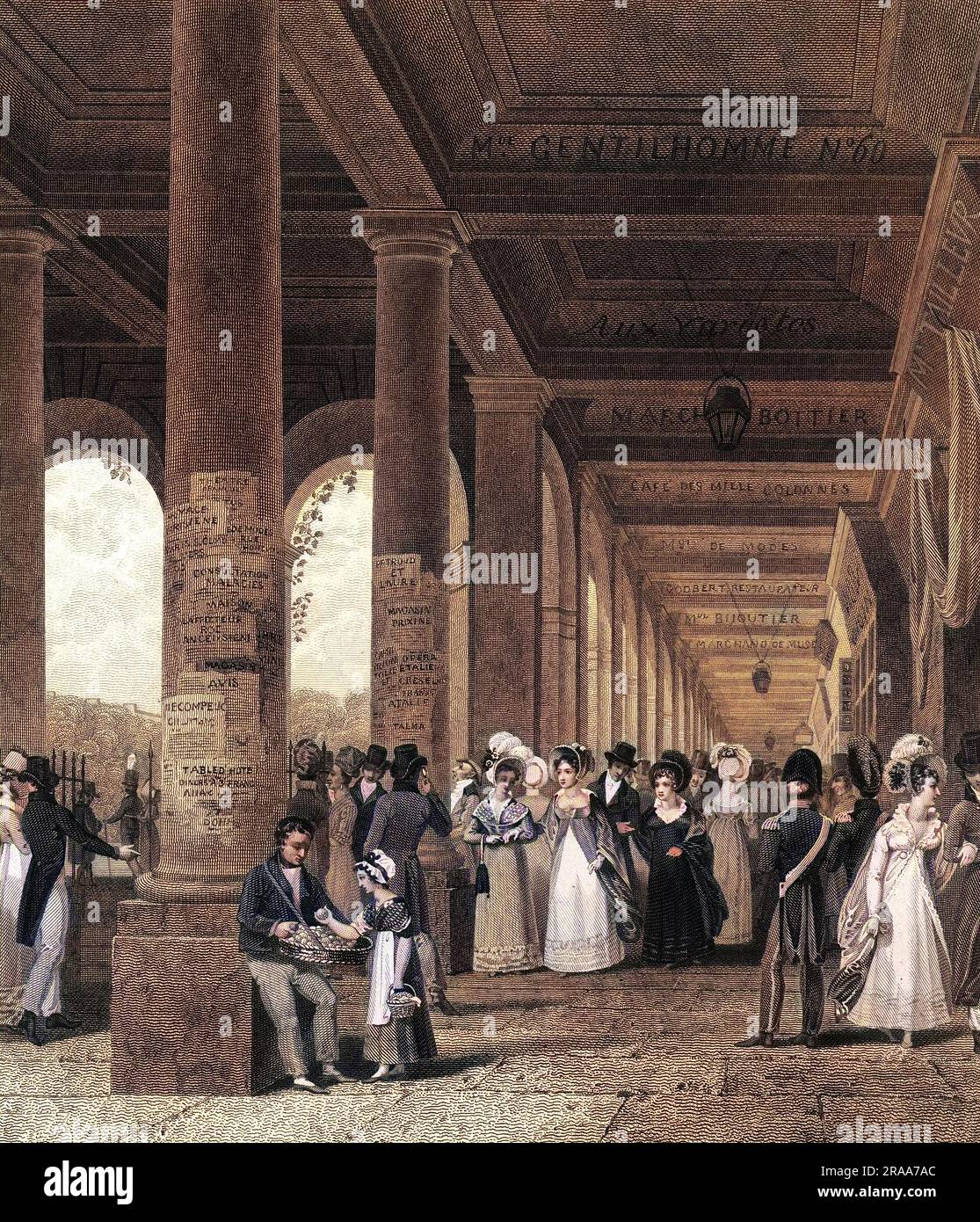 Les galeries du Palais Royal sont traditionnellement un lieu de rencontre préféré des Parisiens et des Parisiennes ; des boutiques et des cafés à la mode bordent les colonnades. Date: 1822 Banque D'Images