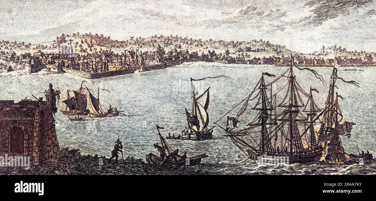 Vue lointaine du port pendant la guerre de sept ans, lorsque les Britanniques et les Français se disputaient pour le Canada. Date: 1757 Banque D'Images