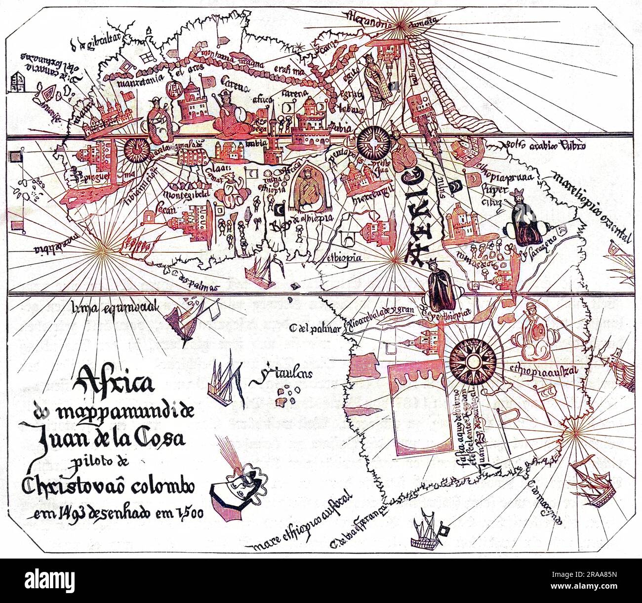 Le continent africain tel que cartographié par Juan de la Costa, l'un des pilotes de Columbus. Les côtes sont raisonnablement définies, mais les régions intérieures doivent plus à l'imagination qu'à l'observation. Date: 16th siècle Banque D'Images