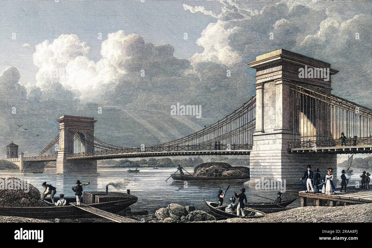 Le pont suspendu construit en face de la Tamise à Hammersmith. Date: 1828 Banque D'Images