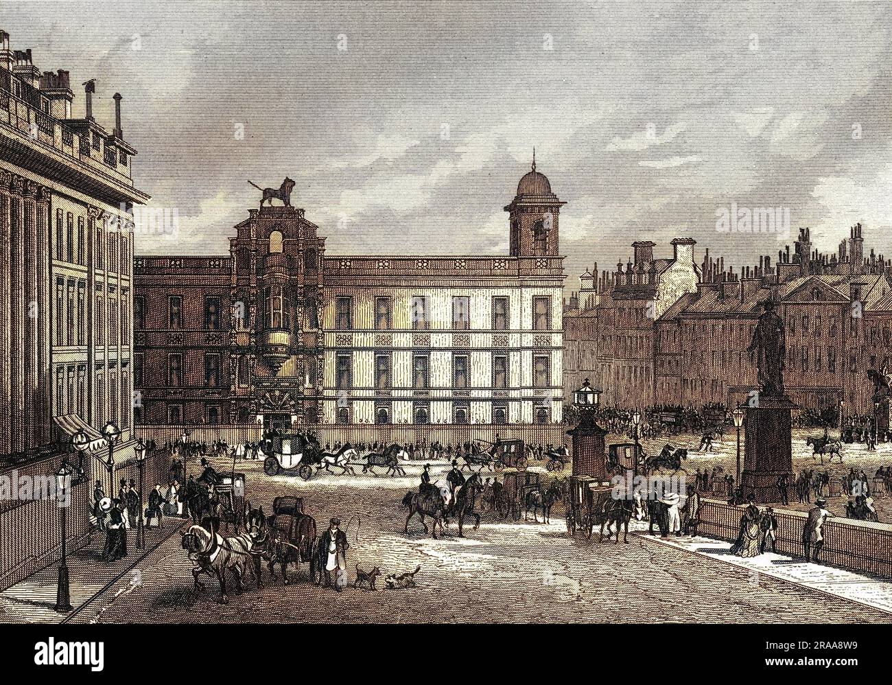 Le coin sud-est de la place avant la démolition de la maison Northumberland en 1876, ce qui permettra la construction de l'avenue Northumberland menant à la rivière. Date: Vers 1870 Banque D'Images