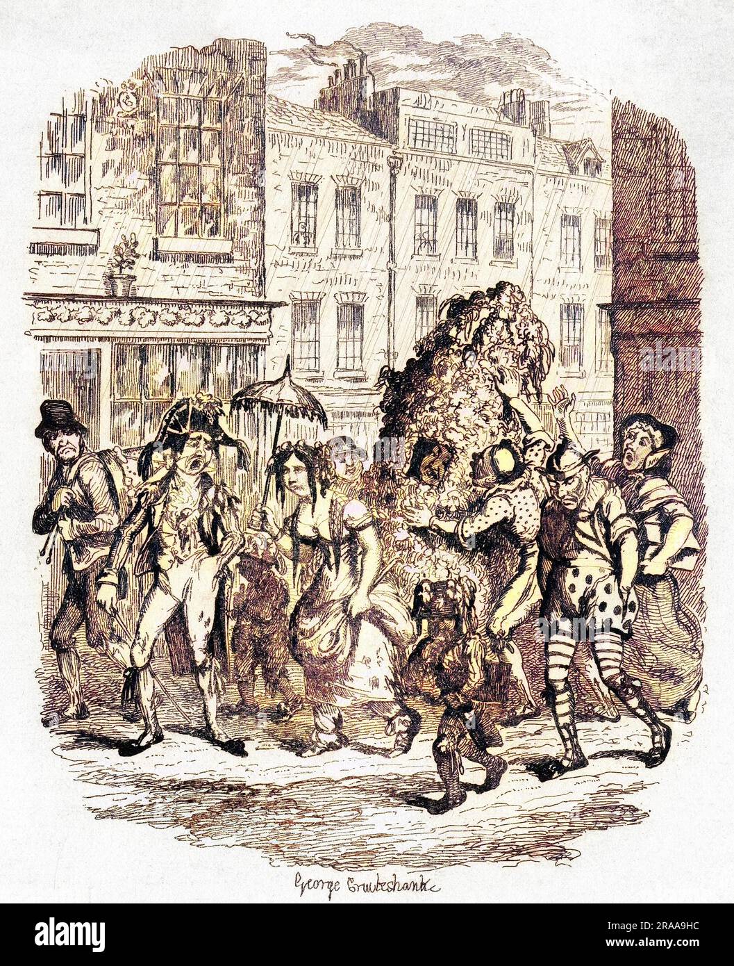 Une procession du jour de mai assez fatiguée et souleniste avec un Jack dans le Vert, et le Seigneur et la Dame du Mai. Date: 1836 Banque D'Images