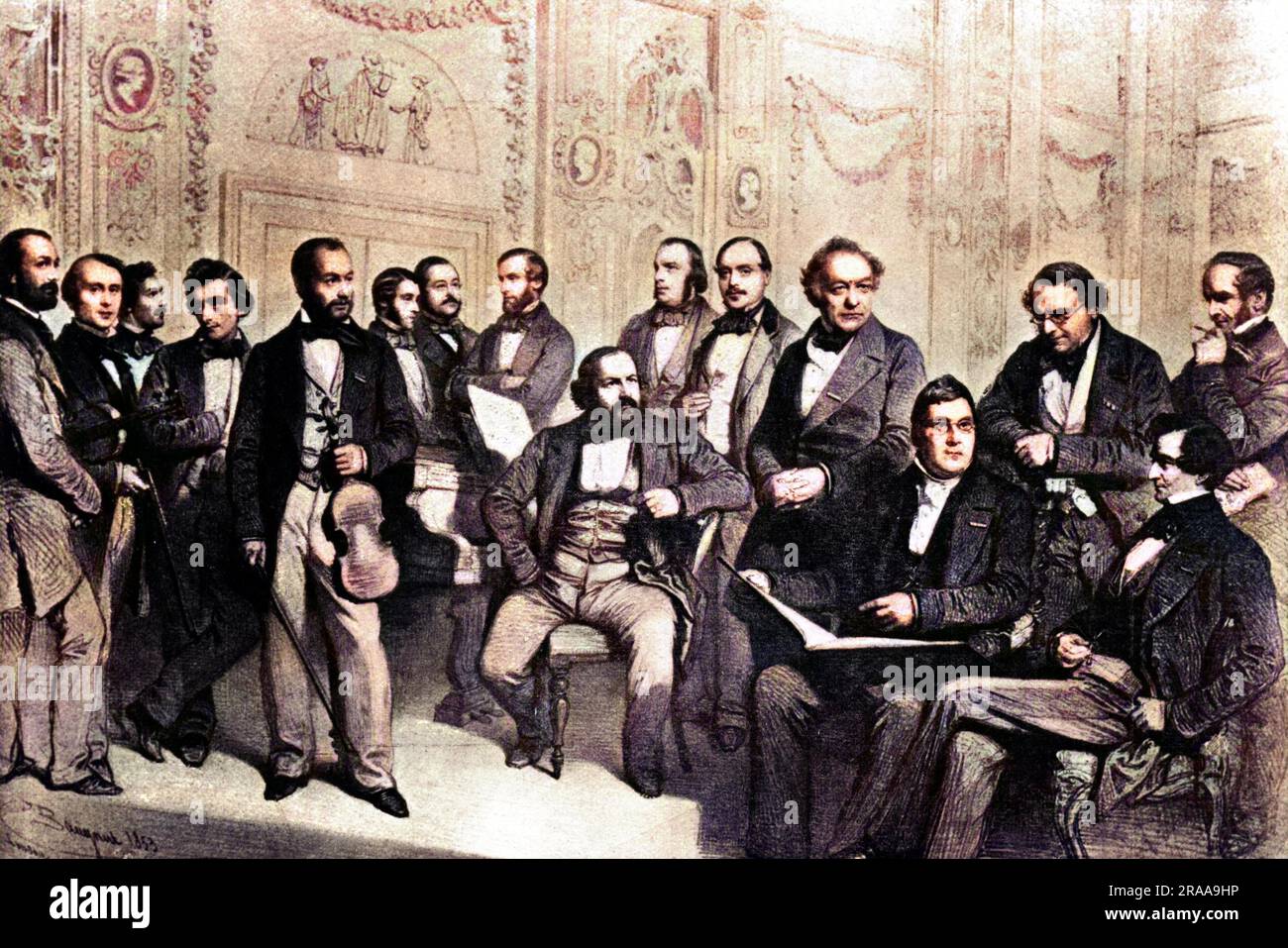 Rassemblement musical de compositeurs et musiciens à Londres. De gauche à droite : A. Bazzini, H. Blagrove, Goffrie, Blumenthal, H. Vieuxtemps, Lazarus, S. Phatten, Jarrett, F. Hiller, Barret, Baumann, Lintpaintner, Dr. Spohr, Molique, H. Berlioz, J. Ella. Date: 1853 Banque D'Images