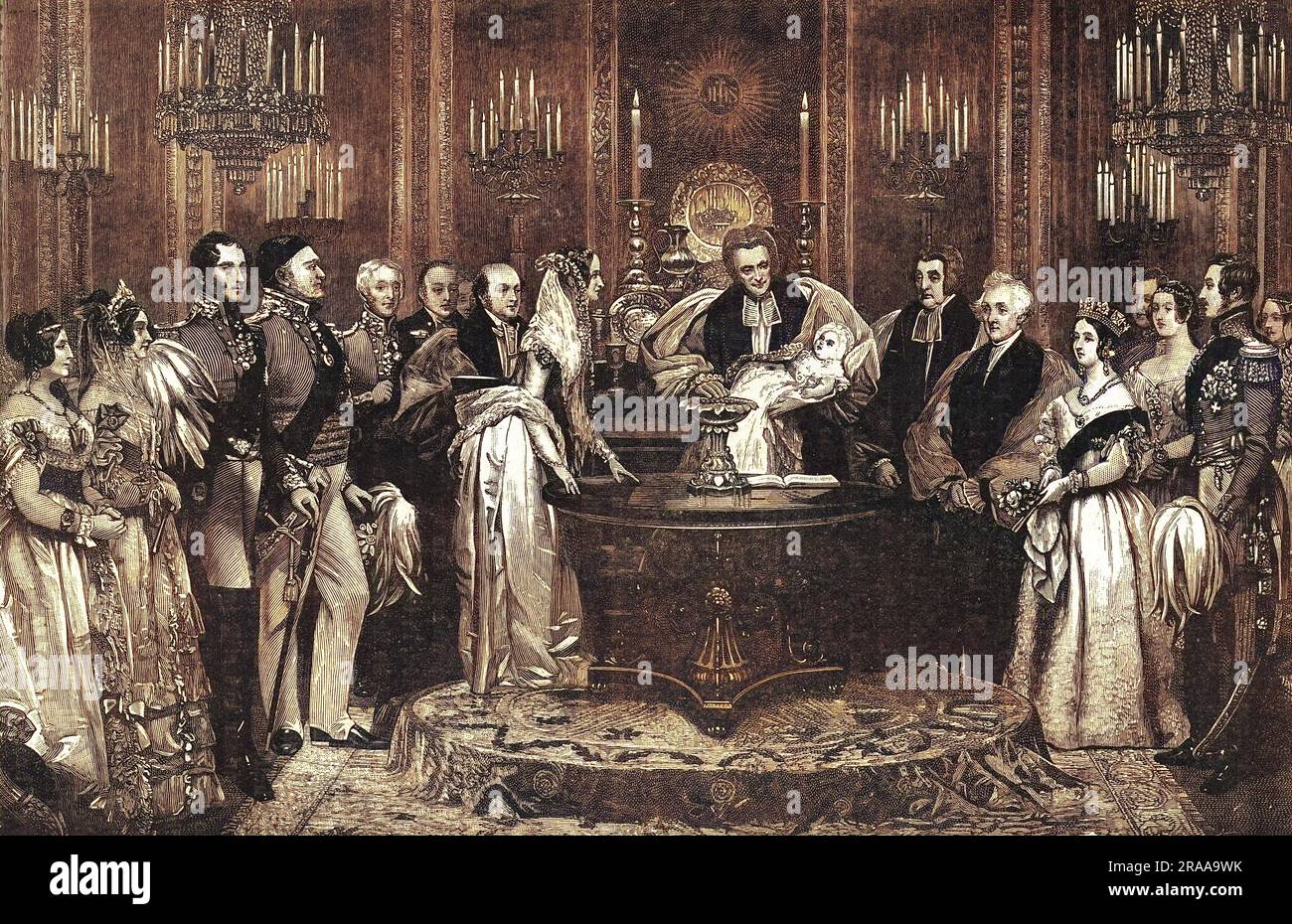 Princesse Victoria, princesse royale de Grande-Bretagne, princesse de la Couronne de Prusse, plus tard impératrice de Prusse (1840-1901) photographiée à son baptême en 1840 dans la salle du trône de Buckingham Palace. La cérémonie a été réalisée par l'archevêque de Canterbury, William Howley. Connue sous le nom de Vicky, elle était l'enfant aîné de la reine Victoria et du prince Albert. Elle épousa le prince héritier Friedrich Wilhelm de Prusse en 1859 et fut la mère de l'empereur Guillaume II Date : 10 février 1841 Banque D'Images