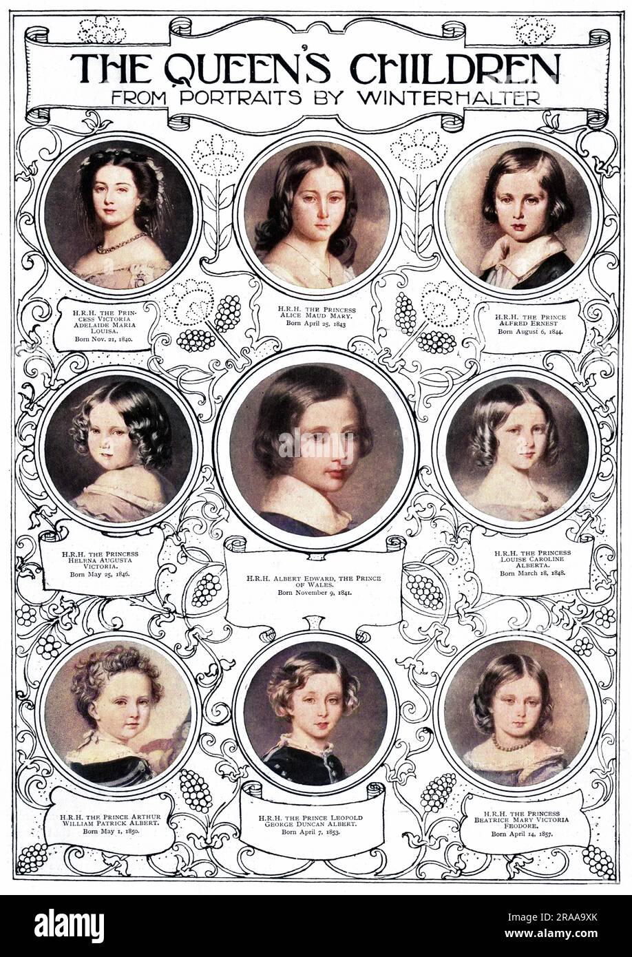 Les neuf enfants de la reine Victoria, à partir de portraits du peintre allemand Franz Xaver Winterhalter. De gauche à droite : la princesse Vicky de Grande-Bretagne (1840-1901), la princesse Alice (1843-78), le prince Alfred 'Affie' (1844-1900), la princesse Helena 'Lenchen' (1846-1923), le prince Edward de Galles (1841-1910), la princesse Louise (1848-1939), le prince Arthur, le duc de Connaught (1850-1942), le prince Léopold Beatrice (1853 1944-1884) et la princesse Leopold (1857). Banque D'Images