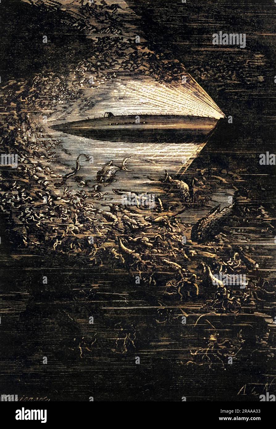 Le sous-marin Nautilus traverse l'océan profond, au milieu de millions de calmars et d'autres créatures marines. Jules Verne, 20 000 Liées sous les mers (vingt mille ligues sous la mer) Date: 1870 Banque D'Images