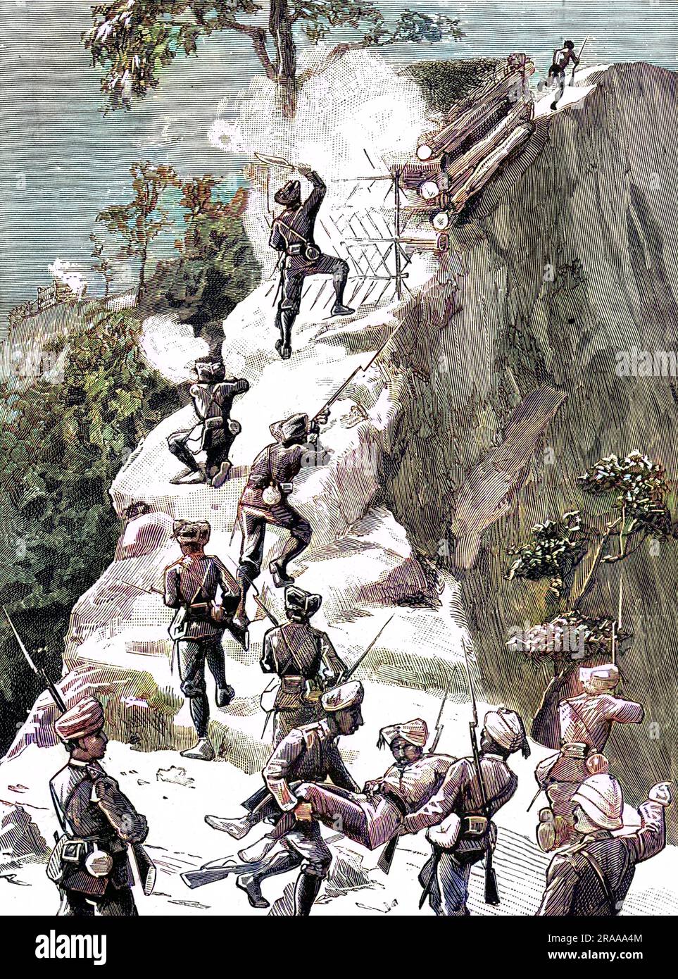 Avec la force Chindwin en haute-Birmanie-une attaque sur une position fortifiée à Toung-ta-long, près de Kinlat, 1887. À cette occasion, lance-Naik(lance-Caporal)Bhagat Bir, 18th Bengale Infantry, a gagné une troisième classe de l'ordre du mérite pour "galantry ostentatoire en menant le chemin vers le haut presque inaccessable". Date: 1887 Banque D'Images