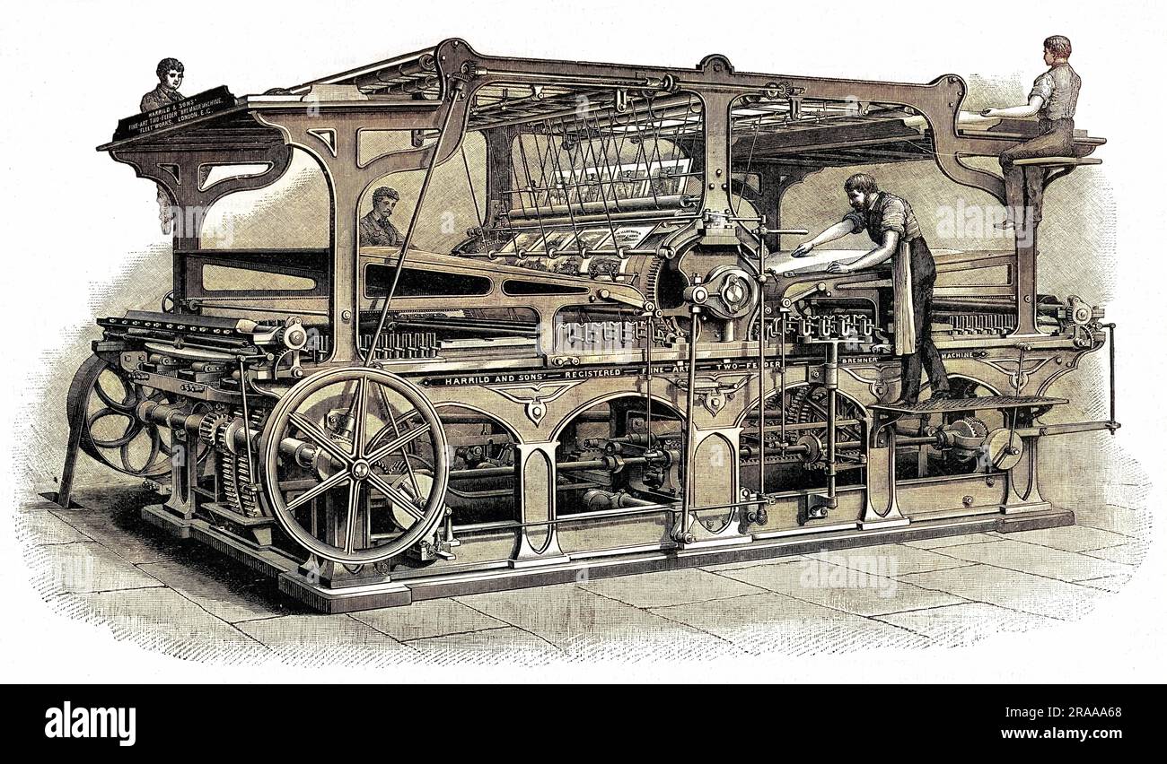 The Illustrated London News Printing machine, à l'exposition internationale des inventions. Date: 1885 Banque D'Images