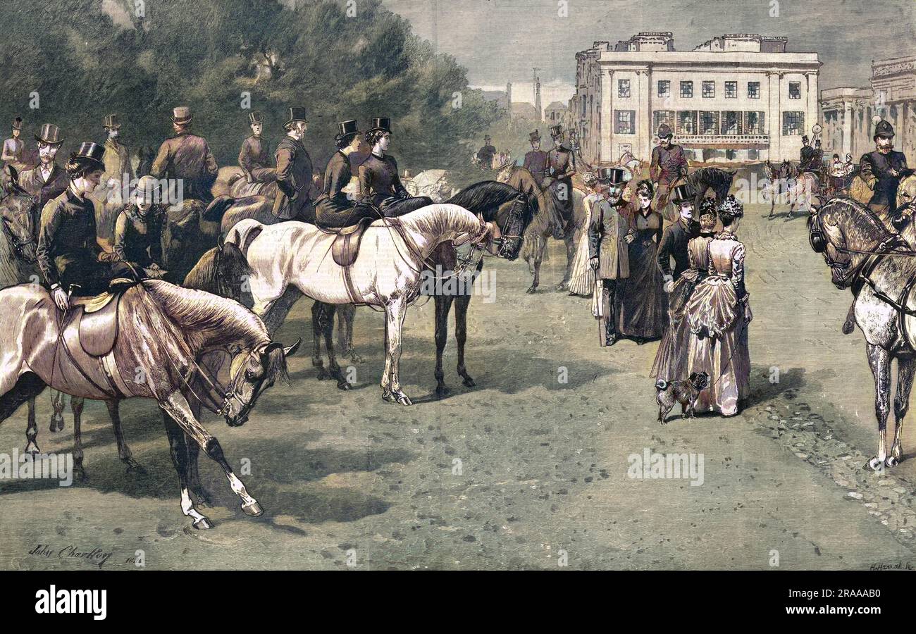 Intitulé « en attente de la princesse », montrant des membres de la « societé » de Londres à Rotten Row, Hyde Park, Londres. Ces gens, en tenue victorienne formelle, sont montrés en attendant qu'un membre de la famille royale passe par sa voiture. Date: 1887 Banque D'Images