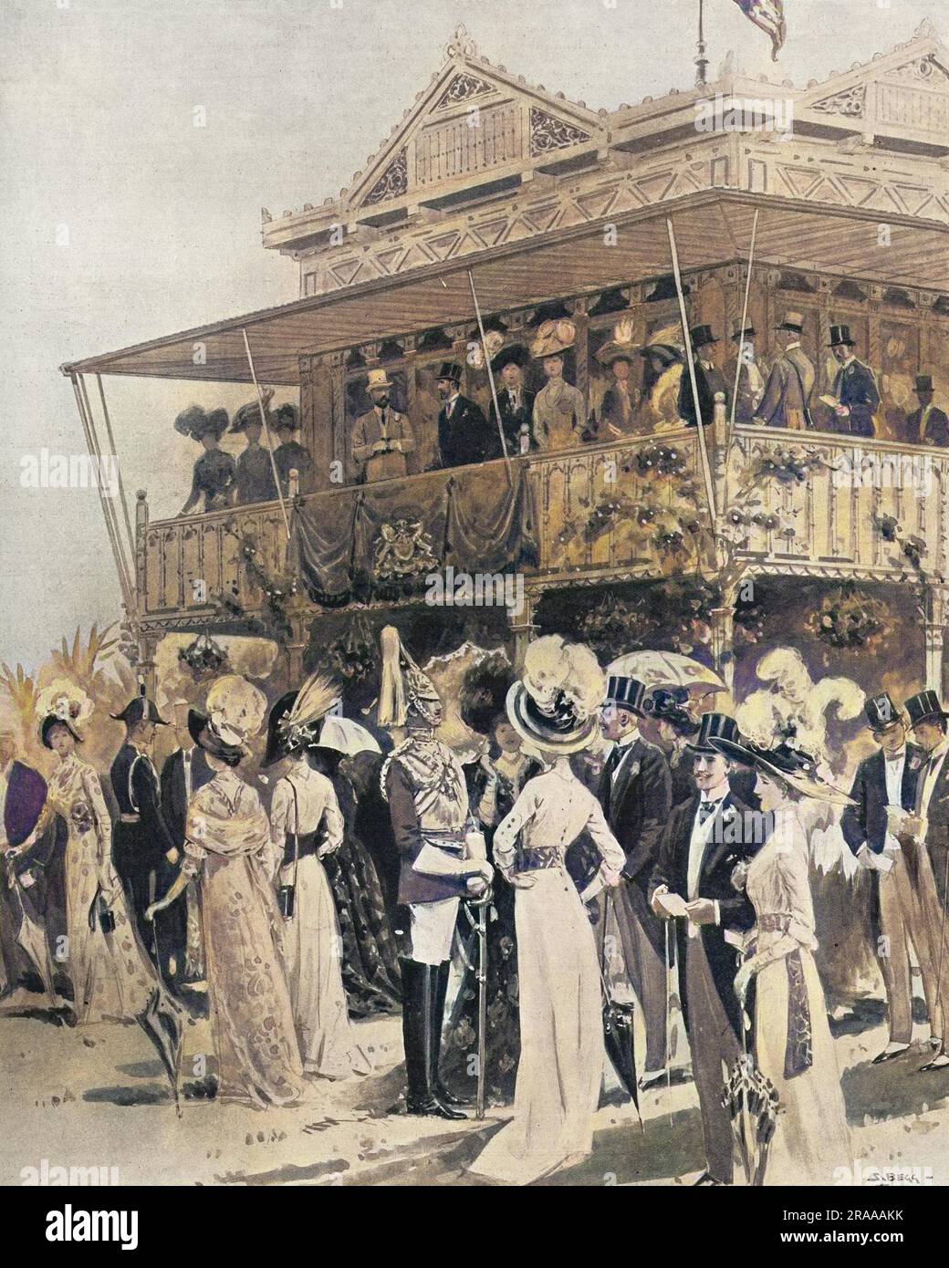 Le roi Edward VII et la reine Alexandra au pavillon royal de l'hippodrome de Leopardstown. Le Roi peut être vu sur le balcon dans une grenouille grise, avec (de gauche à droite) Lord Aberdeen, Lady Aberdeen et la Reine. Plus à droite, au coin de la rue, on peut voir le duc de Connaught. Date: 1911 Banque D'Images