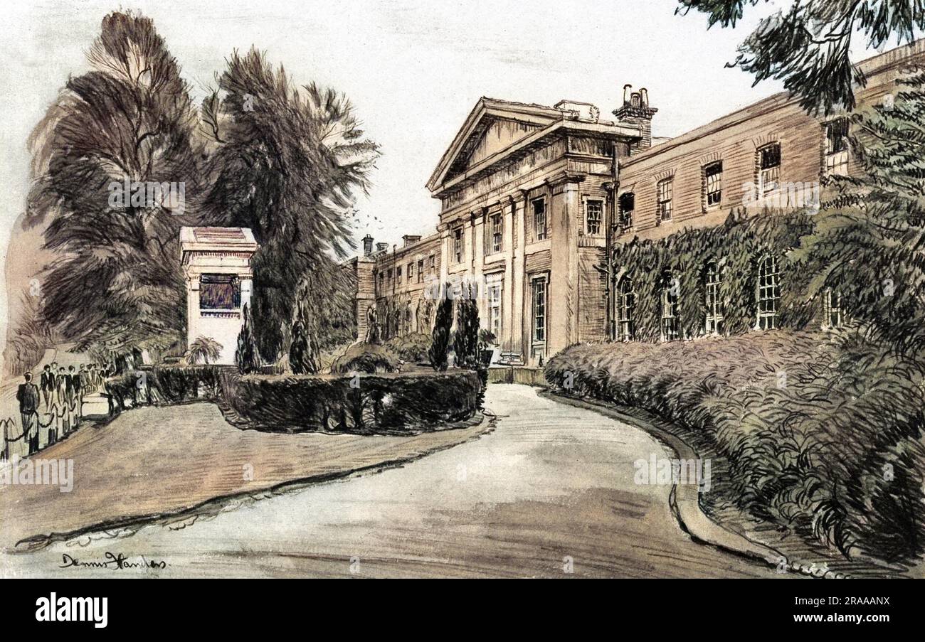 L'entrée principale de Mill Hill School, une école indépendante dans le nord-ouest de Londres. C'est une vue du côté nord face à la route principale appelée Ridgeway. Sur la gauche se trouve le mémorial de guerre, connu sous le nom de « porte d'honneur » Date: 1956 Banque D'Images