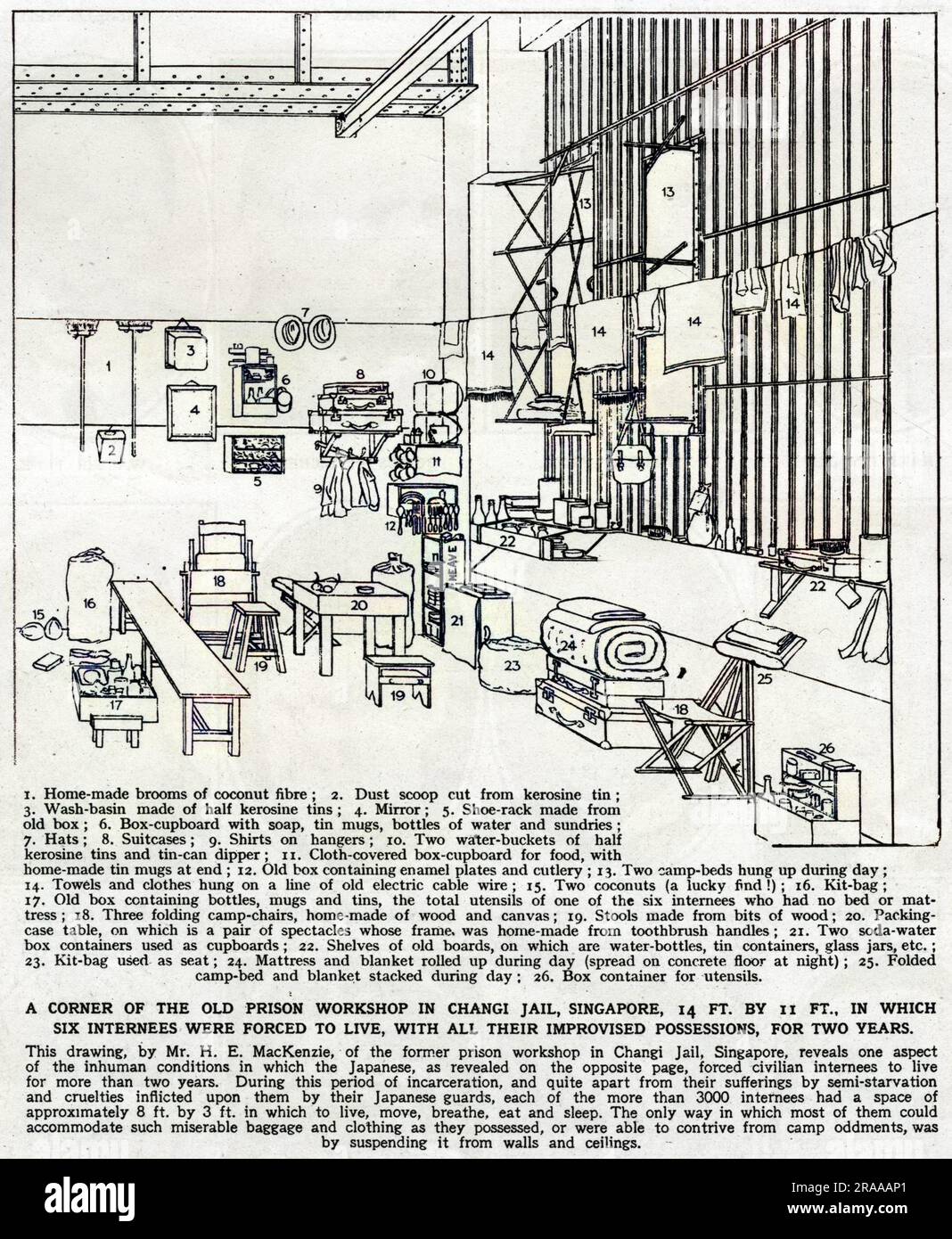 Illustration montrant l'intérieur exigu d'un camp d'internement japonais à Changi, Singapour, pendant la deuxième Guerre mondiale. Date: 1942 Banque D'Images