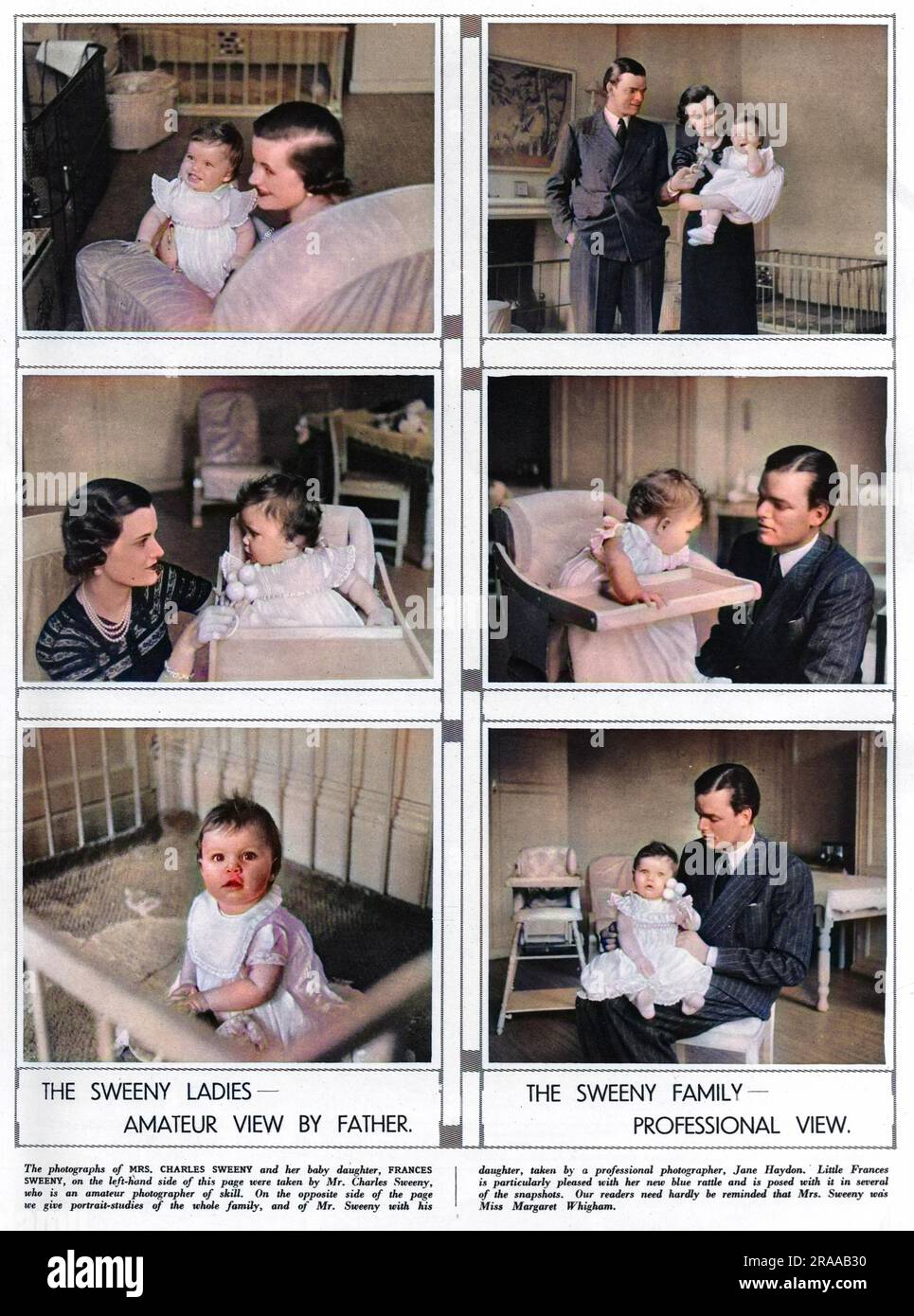 Une série de photos montrant un autre côté intérieur du glamour M. et Mme Charles Sweeny, photographiés à la maison avec leur fille Frances (née en 1937, est devenue plus tard Frances Manners, duchesse de Rutland). Les photographies à droite sont prises par M. Sweeny et celles à droite par une photographe professionnelle, Jane Haydon. Mme Sweeny était auparavant Mlle Margaret Whigham (1912-1993), déb de l'année, beauté de la société et la préférence des médias. Elle devint plus tard duchesse d'Argyll. Elle et son premier mari, le golfeur américain Charles Sweeny, ont divorcé en 1947. Date: 1938 Banque D'Images