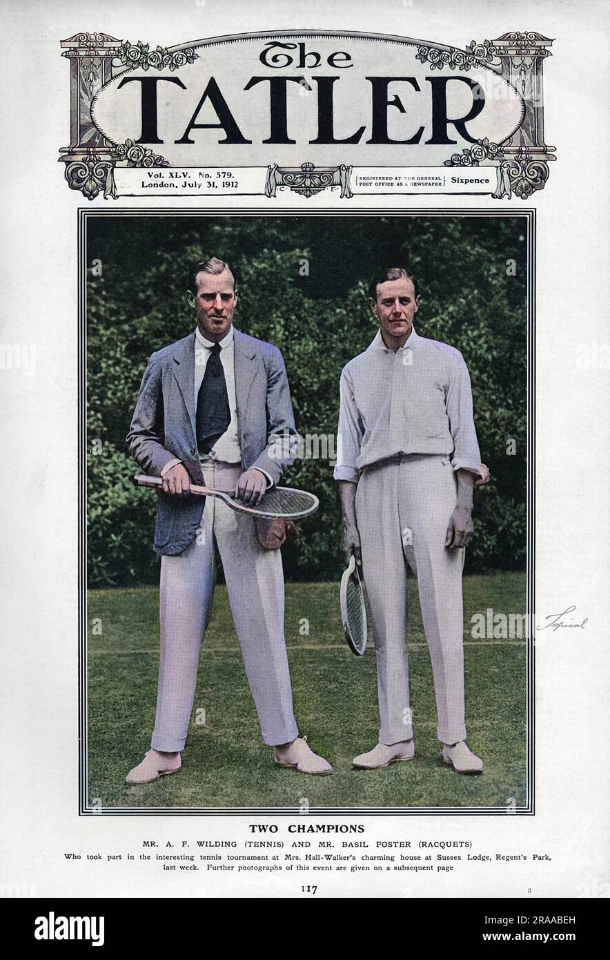 Photo de la couverture de Tatler du joueur de tennis de Nouvelle-Zélande, Anthony Frederick Wilding, Wimbledon Mens Champion en 1910, 1911, 1912 et 1913. Sa course de championnat s'est terminée en 1914 quand il a été battu par l'australien N. E. Brookes en trois séries droites. Wilding meurt près de Neuve Chapelle, en France, le 9 mai 1915, alors qu'il se battait à la bataille de la crête d'Aubers. Photo prise avec M. Basil Foster lors d'un tournoi de tennis privé au Sussex Lodge à Regent's Park, la maison de Mme Hall-Walker. Le tournoi a associé beaucoup de gens de société bien connus avec doughty champions de la raquette! Banque D'Images