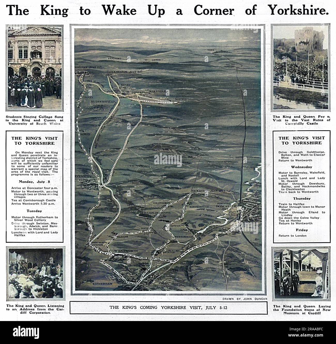 Dans The Sphere, vous découvrirez la visite du roi George V et de la reine Mary dans le Yorkshire en juillet 1912. Ils ont séjourné au Wentworth Wooden, près de Doncaster, qui abrite le comte et la comtesse de Fitzwilliam, et ont visité plusieurs villages de collierie. La visite a été précédée d'une visite similaire au pays de Galles du Sud en juin. Date: 1912 Banque D'Images
