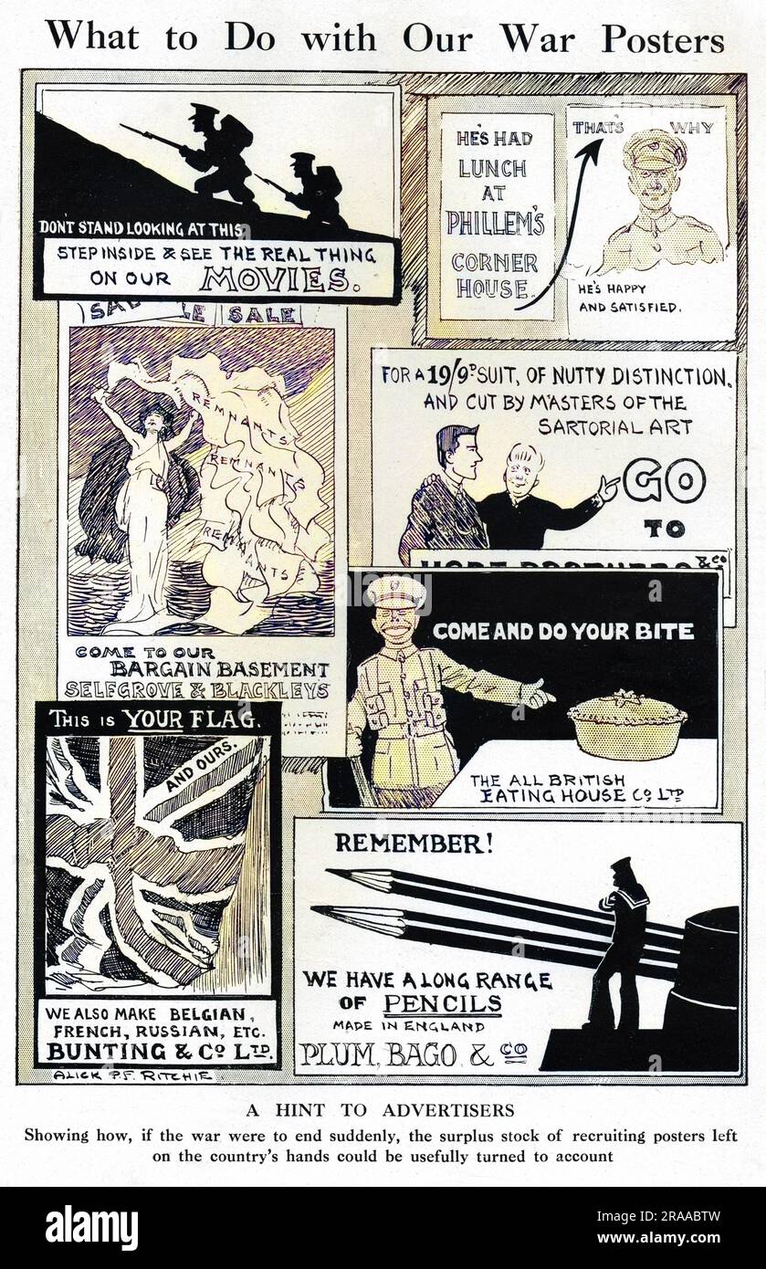 Une caricature humoristique du spectateur d'Alick P. F Ritchie offrant des suggestions sur ce qu'il faut faire avec des affiches de guerre jetées. Un certain nombre de ces affiches sont des usurpés de dessins familiers, y compris, en bas à droite, un hommage à la Remember! Affiche dessinée par H. L. Oakley. Date: 1915 Banque D'Images