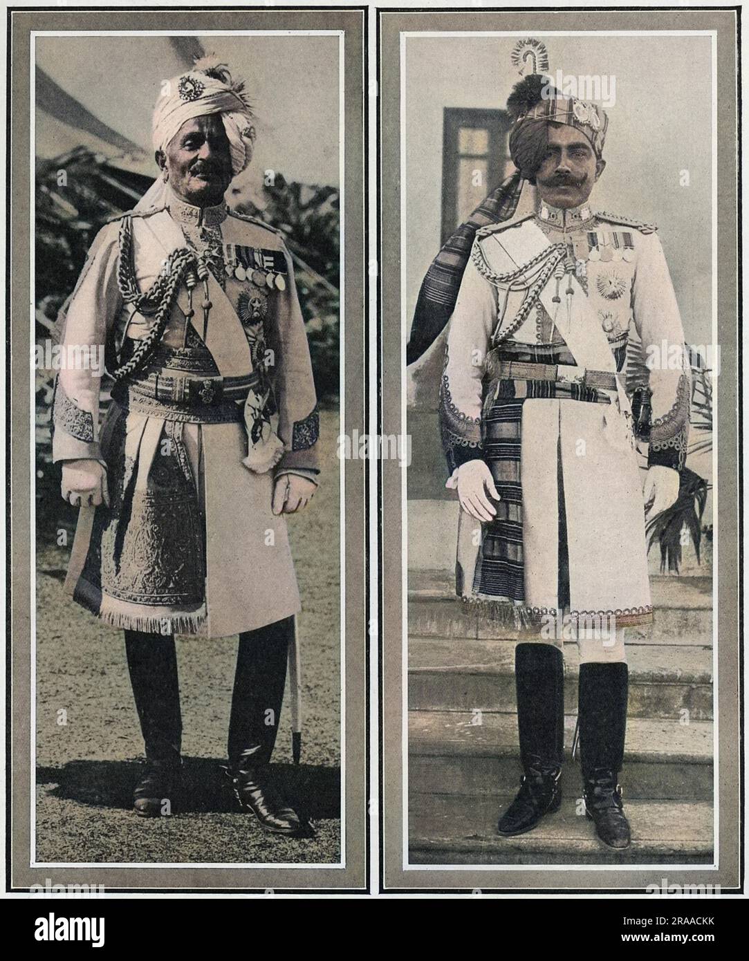 À gauche, le Lieutenant-général MAHARAJA SRI SIR PRATAP SINGH SAHIB BAHADUR D'IDAR (1845 - 1922). Une carrière militaire britannique de l'armée indienne, Maharaja de l'état princier d'Idar et héritier d'Ahmednagar de 1902 à 1911, lorsqu'il a abdiqué en faveur de son fils adoptif. Un 'guerrier' de l'Empire britannique, était un ami de la reine Victoria, servant d'aide de camp à Edward VII et était un ami proche du futur roi George V. à droite, le colonel Sir Ganga Singh, le MAHARAJAH DE BIKANER (1880-1943), qui a élevé et équipé un corps de chameaux. Il était colonel dans les lanciers du Bengale de 2nd, lutta pour le BR Banque D'Images