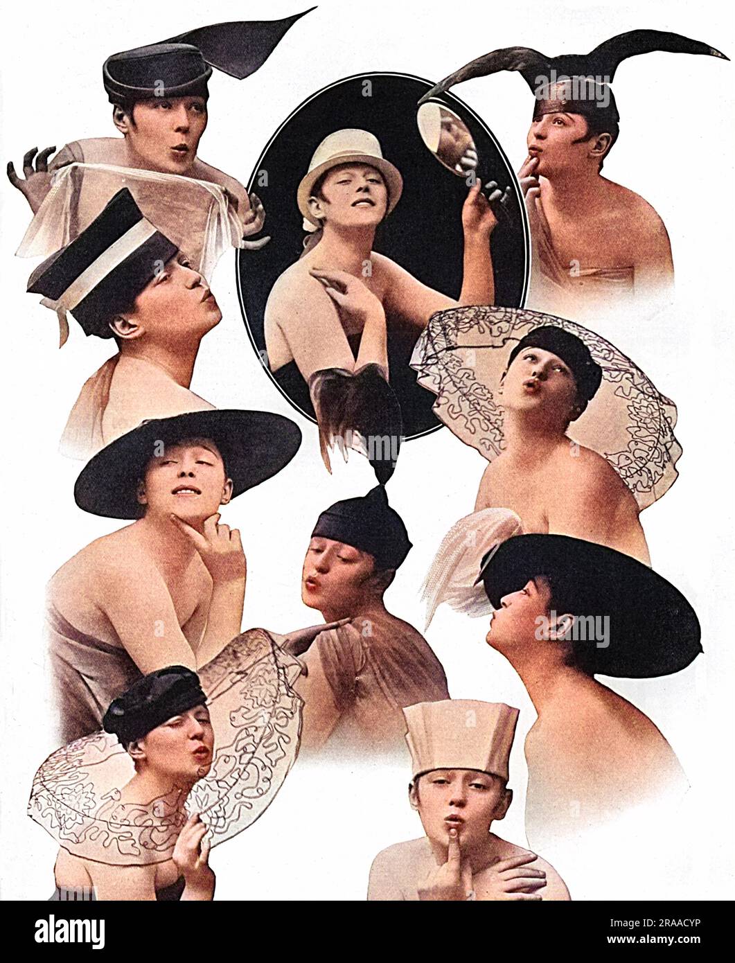 Une variété de chapeaux flamboyants et excentriques disponibles chez Maison Lewis, inspirés par le personnage Eve, chroniqueur de potins fictif du magazine Tatler, dont la renommée s'étendait à son propre dessin dans la revue, 'Tina' à l'Adelphi en 1916, où Phyllis Dare et le reste de la troupe, Portait une variété de costumes stylisés basés sur la garde-robe d'Eve. Date: 1916 Banque D'Images